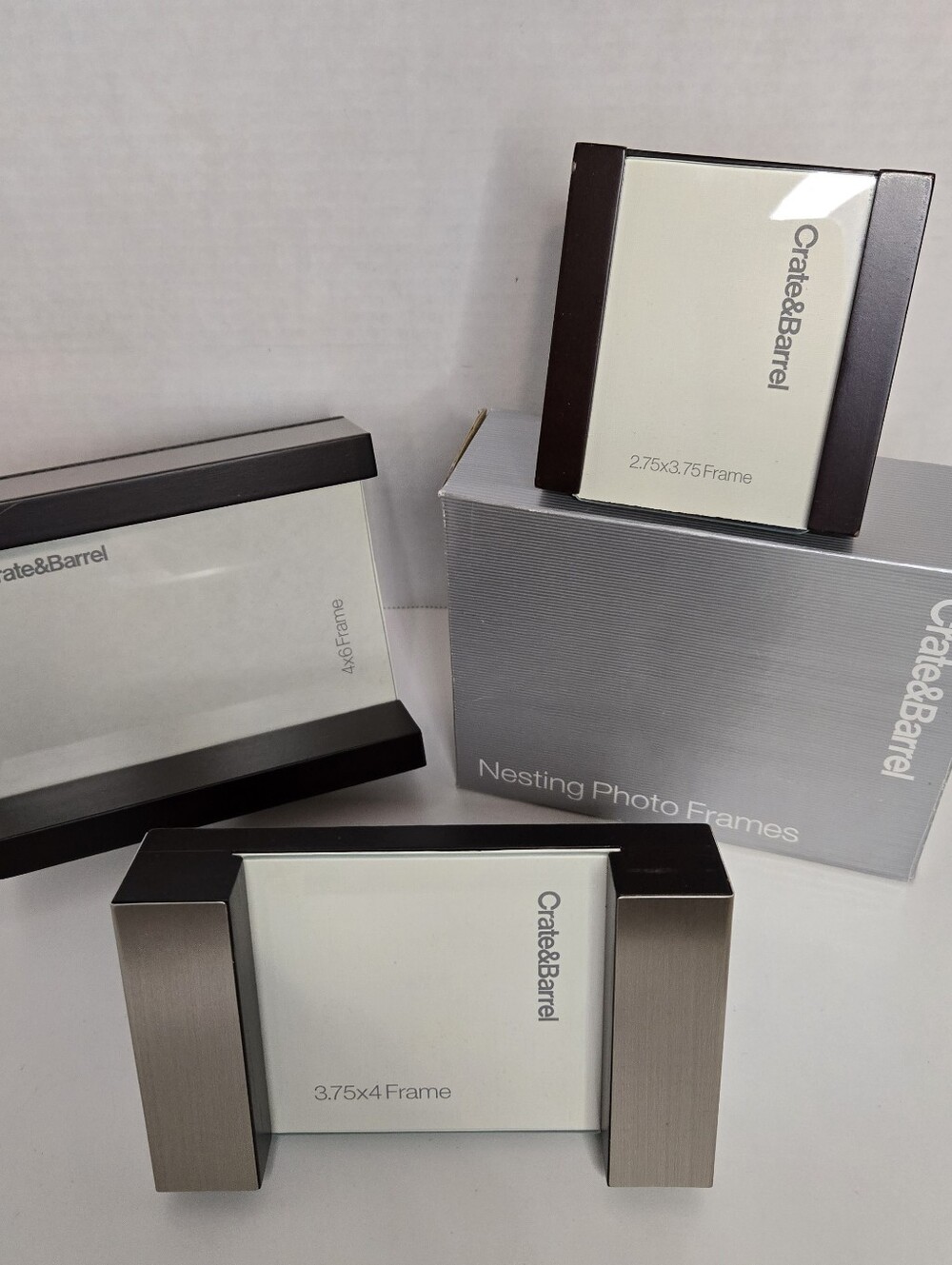 Crate & Barrel Trio Brushed Metal Nesting Photo Frames - Silver and Dark Brown